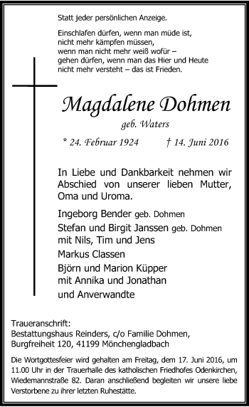 Todesanzeige von Vlagiane Dohmen von Rheinische Post