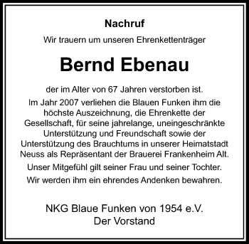 Todesanzeige von Bernd Ebenau von Rheinische Post