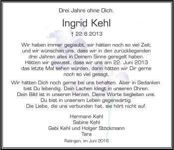 Todesanzeige von Ingrid Kehl von Rheinische Post