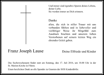 Todesanzeige von Franz Joseph Lause von Rheinische Post