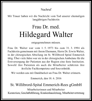 Todesanzeige von Hildegard Walter von Rheinische Post