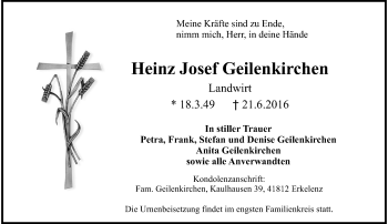 Todesanzeige von Heinz Josef  Geilenkirchen von Rheinische Post