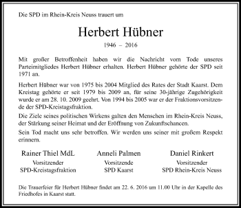 Todesanzeige von Herbert Hübner von Rheinische Post