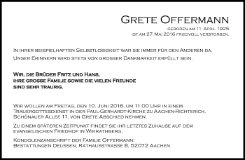 Todesanzeige von Grete Offermann von Rheinische Post