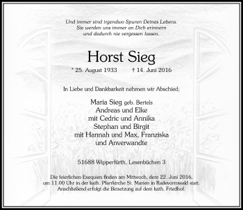 Todesanzeige von Horst Sieg von Rheinische Post