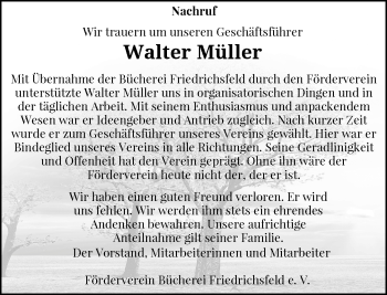 Todesanzeige von Walter Müller von Rheinische Post