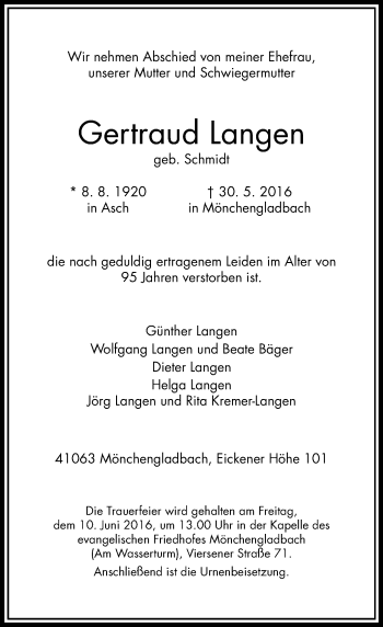 Todesanzeige von Gertraud Langen von Rheinische Post