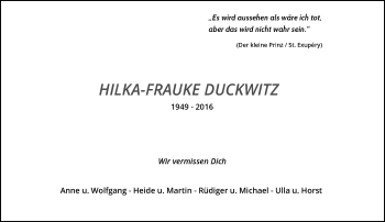 Todesanzeige von Hilka-Frauke Duckwitz von Rheinische Post