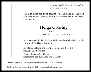 Todesanzeige von Helga Göhring von Rheinische Post