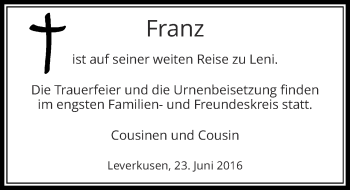 Todesanzeige von Franz  von Rheinische Post