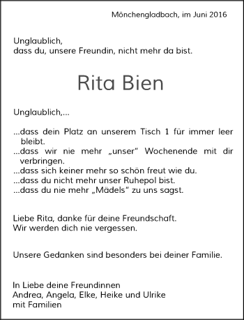 Todesanzeige von Rita Bien von Rheinische Post