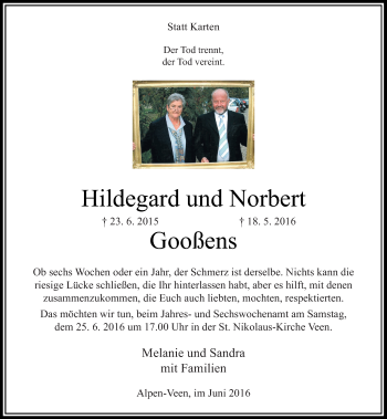 Todesanzeige von Hildegard und Norbert Gooßens von Rheinische Post