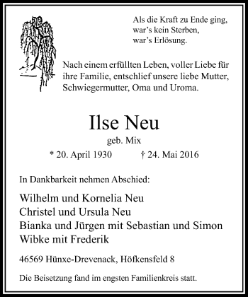 Todesanzeige von Ilse Neu von Rheinische Post