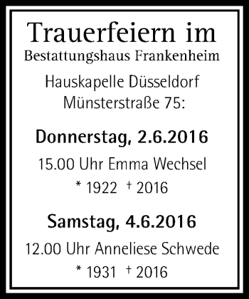 Todesanzeige von Trauerfeiern  von Rheinische Post