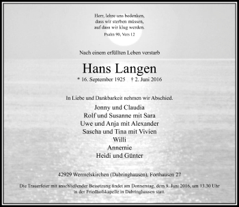 Todesanzeige von Hans Langen von Rheinische Post