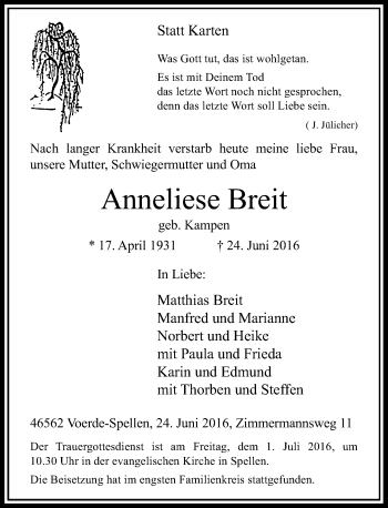 Todesanzeige von Anneliese Breit von Rheinische Post