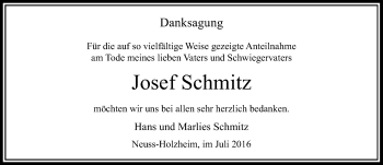 Todesanzeige von Josef Schmitz von Rheinische Post