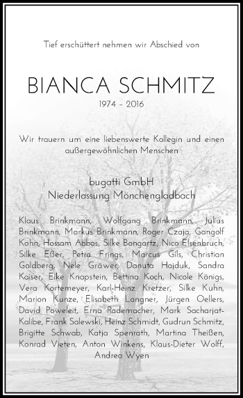 Todesanzeige von Bianca Schmitz von Rheinische Post