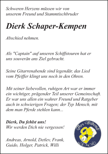 Todesanzeige von Dierk Schaper-Kempen von Rheinische Post