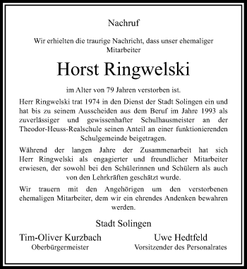 Todesanzeige von Horst Ringwelski von Rheinische Post