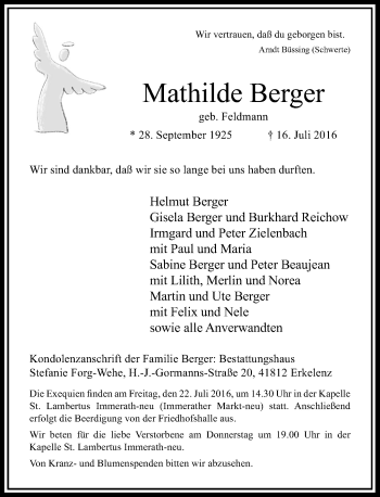 Todesanzeige von Mathilde Berger von Rheinische Post