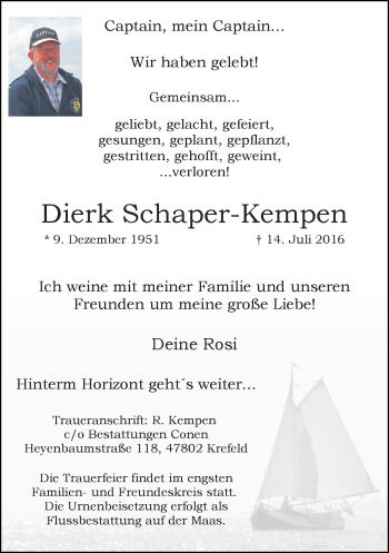 Todesanzeige von Dierk Schaper-Kempen von Rheinische Post