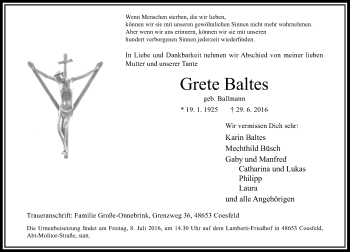 Todesanzeige von Grete Baltes von Rheinische Post