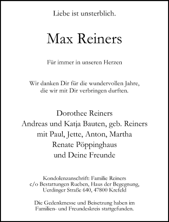 Todesanzeige von Max Reiners von Rheinische Post
