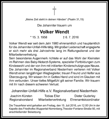 Todesanzeige von Volker Wendt von Rheinische Post