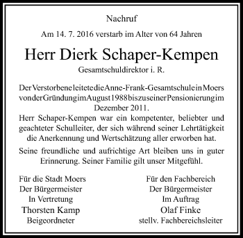 Todesanzeige von Dierk Schaper-Kempen von Rheinische Post