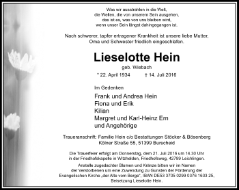Todesanzeige von Lieselotte Hein von Rheinische Post