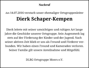 Todesanzeige von Dierk Schaper-Kempen von Rheinische Post