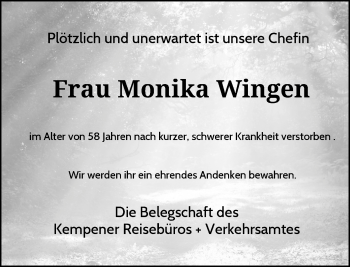 Todesanzeige von Monika Wingen von Rheinische Post