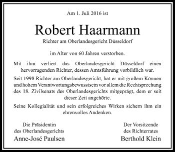 Todesanzeige von Robert Haarmann von Rheinische Post
