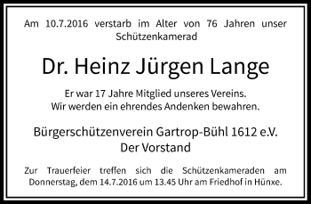 Todesanzeige von Heinz Jürgen Lange von Rheinische Post