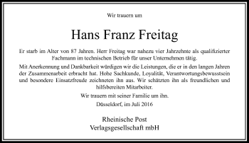 Todesanzeige von Hans Franz Freitag von Rheinische Post