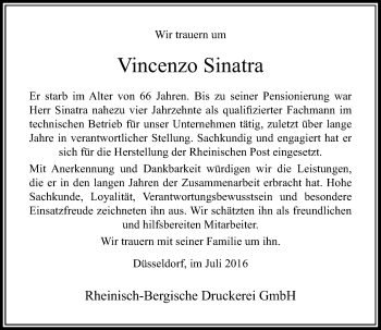 Todesanzeige von Vincenzo Sinatra von Rheinische Post