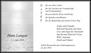 Todesanzeige von Hans Langen von Rheinische Post