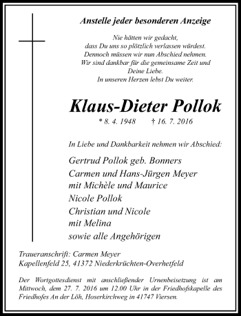 Todesanzeige von Klaus-Dieter Pollok von Rheinische Post