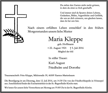 Todesanzeige von Maria Kleppe von Rheinische Post