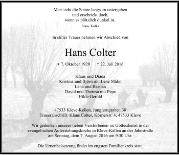 Todesanzeige von Hans Colter von Rheinische Post