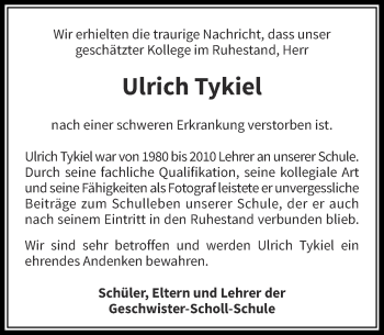 Todesanzeige von Ulrich Tykiel von Rheinische Post