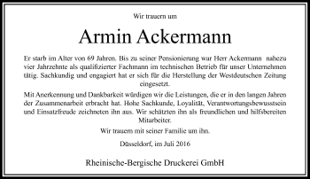 Todesanzeige von Armin Ackermann von Rheinische Post