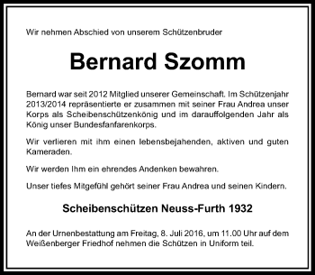 Todesanzeige von Bernard Szomm von Rheinische Post