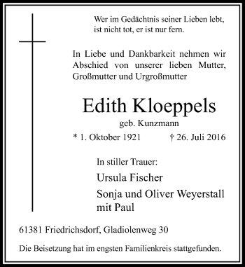 Todesanzeige von Edith Kloeppels von Rheinische Post