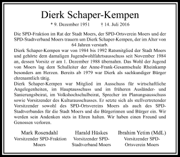 Todesanzeige von Dierk Schaper-Kempen von Rheinische Post
