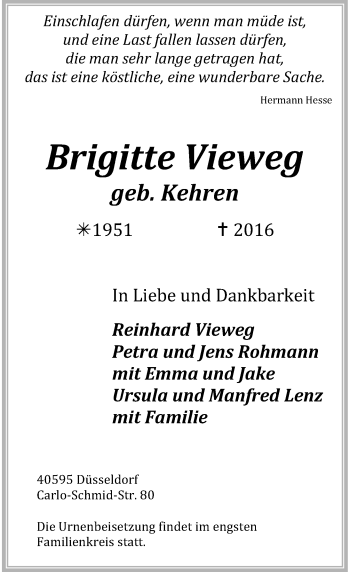 Todesanzeige von Brigitte Vieweg von Rheinische Post