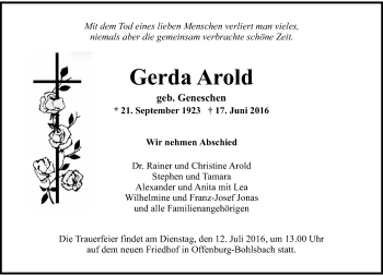 Todesanzeige von Gerda Arold von Rheinische Post