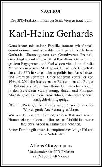 Todesanzeige von Karl-Heinz Gerhards von Rheinische Post