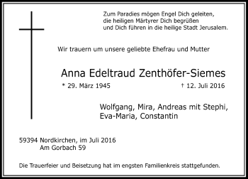 Todesanzeige von Anna Edeltraud Zenthöfer-Siemes von Rheinische Post
